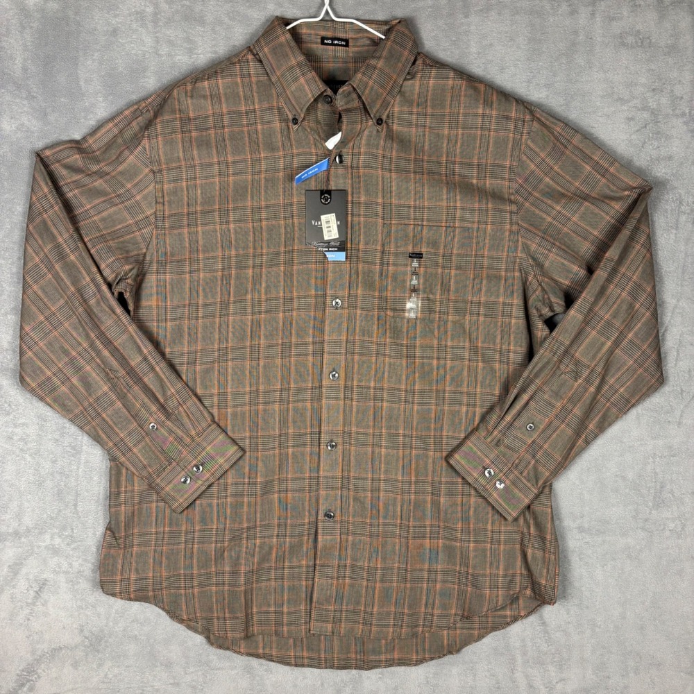 Van Heusen Mens Large Brown Plaid No Iron Long Sleeve Button Down Shirt - Picture 1 of 9